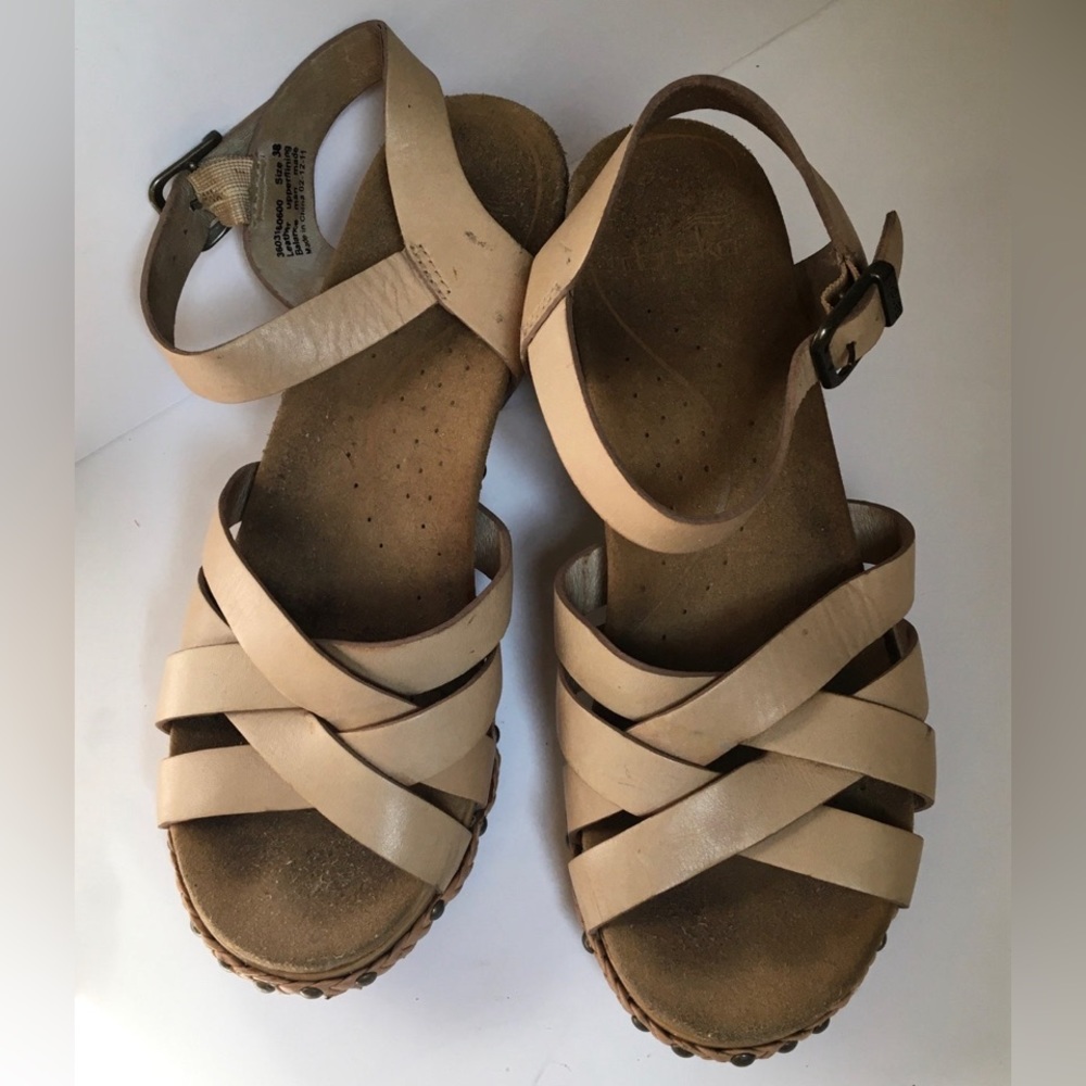 Dansko Cut-out Wedge Braided Leather Sandals, “Tru,” Beige, Size 38